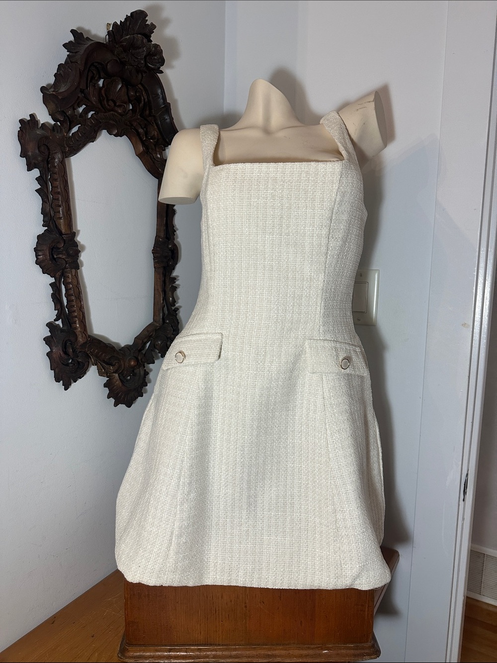Fashion Nova Cream Square-Neck Tweed Mini Dress